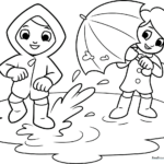 Line art illustration of a child jumping into a puddle, creating large water splashes, ready for coloring.