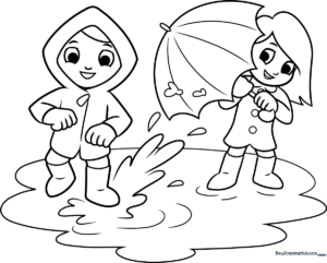 Line art illustration of a child jumping into a puddle, creating large water splashes, ready for coloring.