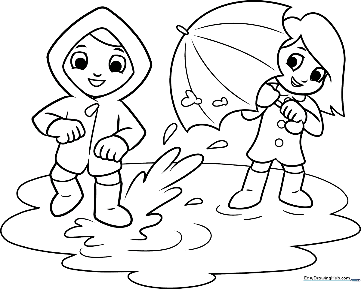 Line art illustration of a child jumping into a puddle, creating large water splashes, ready for coloring.