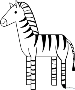 A friendly, cartoon-style zebra standing in profile, featuring bold outlines and clear white spaces perfect for young children to color.