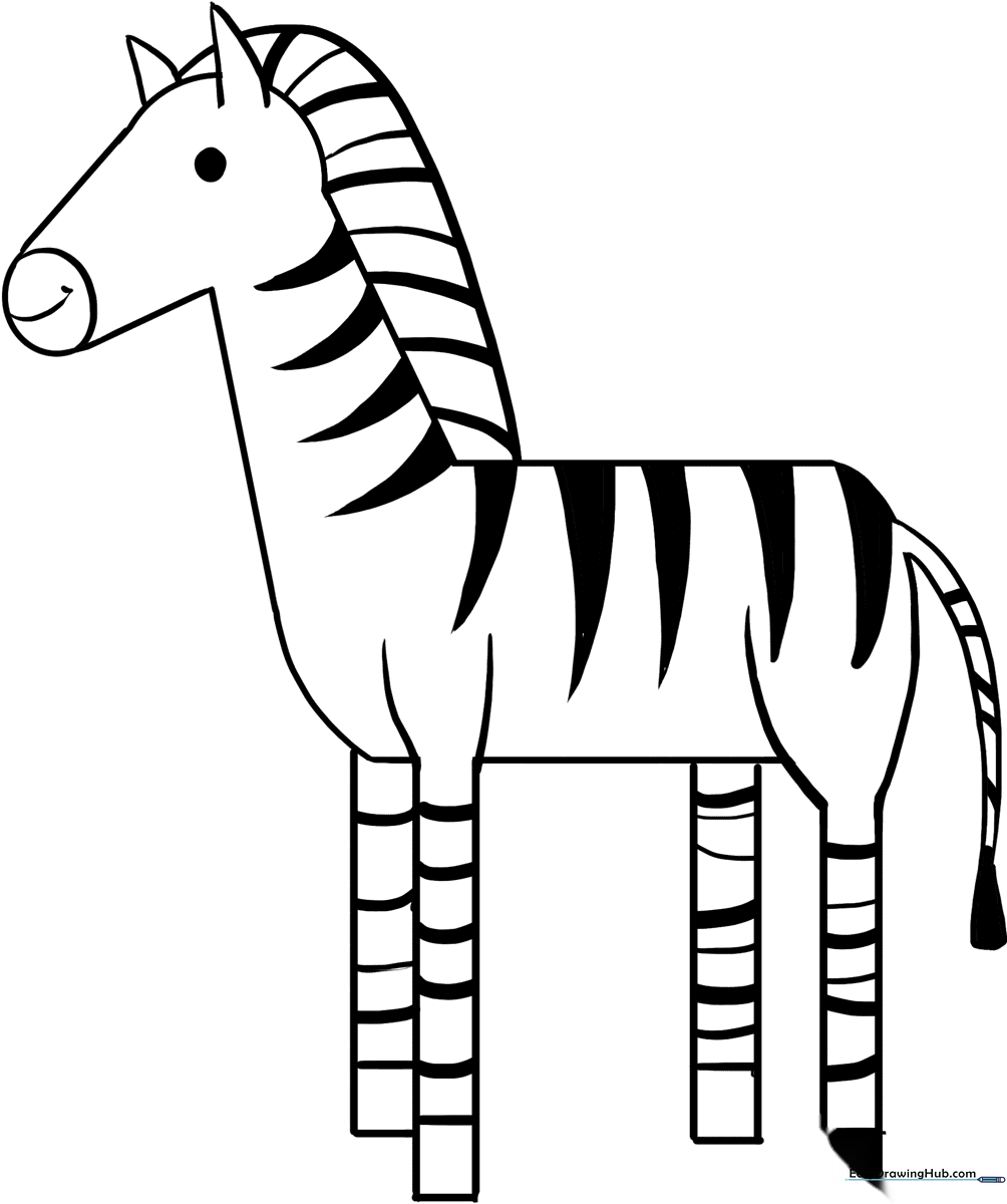 A friendly, cartoon-style zebra standing in profile, featuring bold outlines and clear white spaces perfect for young children to color.