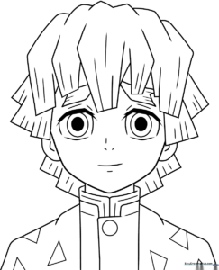 Line art of Zenitsu Agatsuma from Demon Slayer standing in a dynamic pose, featuring clear outlines for easy coloring of his signature haori and spiky hair.