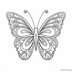 A printable Zentangle butterfly coloring page featuring symmetrical wings filled with geometric patterns, designed for mindful coloring practice.