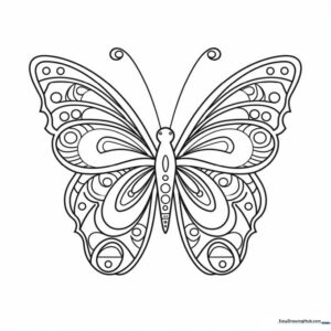 A printable Zentangle butterfly coloring page featuring symmetrical wings filled with geometric patterns, designed for mindful coloring practice.