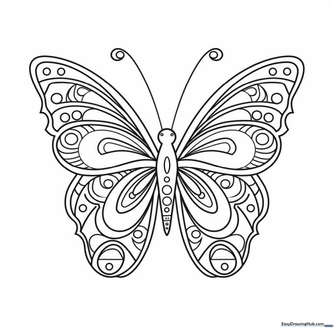 A printable Zentangle butterfly coloring page featuring symmetrical wings filled with geometric patterns, designed for mindful coloring practice.