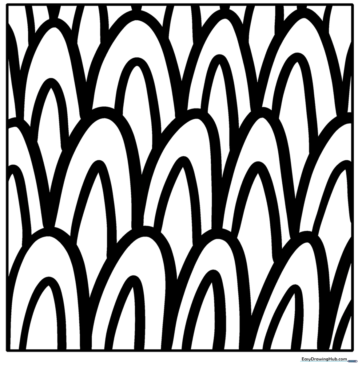 Intricate geometric Zentangle pattern with bold black outlines on a white background, designed for mindful coloring and fine motor skill practice.