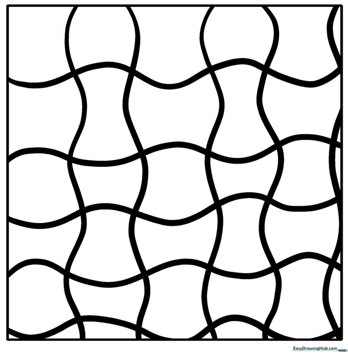 Black and white geometric Zentangle pattern with repeating shapes for children to color and practice fine motor skills.