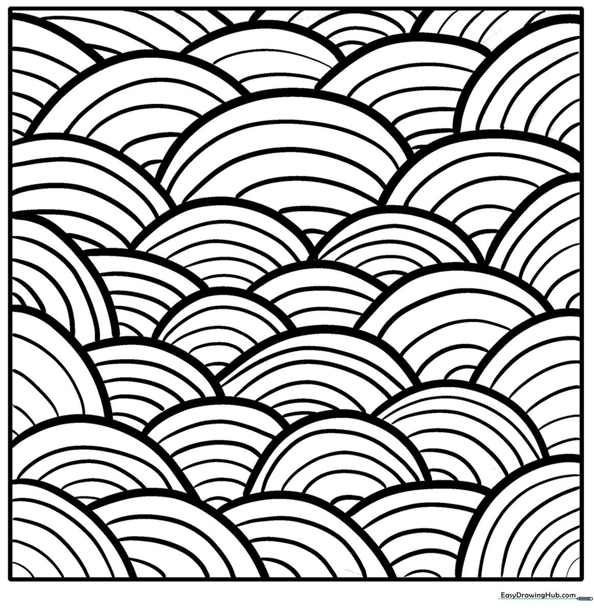 A black and white Zentangle pattern featuring repeating geometric shapes and intricate lines designed for mindful coloring practice.