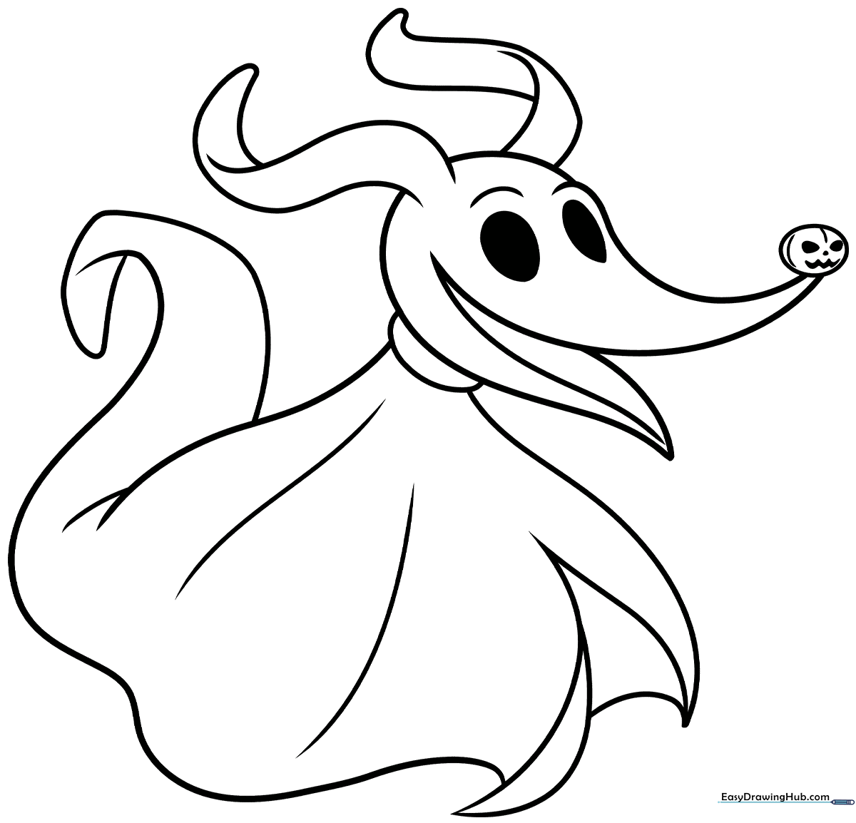 Black and white line art of Zero, the ghost dog from The Nightmare Before Christmas, featuring his signature long ears and pumpkin nose, ready for coloring.