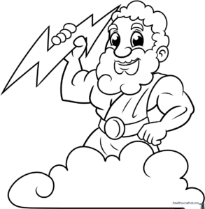 Black and white line art of Zeus featuring his iconic flowing beard, toga, and a lightning bolt, ready for coloring.