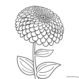 Black and white line art of a Zinnia flower with layered petals and a sturdy stem, designed for children to practice coloring within the lines.