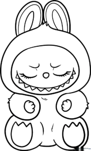 Black and white line art of Zizi from The Monsters Labubu series, featuring large expressive eyes and distinct character features, ready for coloring.