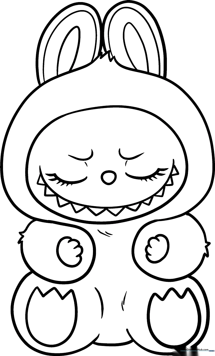 Black and white line art of Zizi from The Monsters Labubu series, featuring large expressive eyes and distinct character features, ready for coloring.