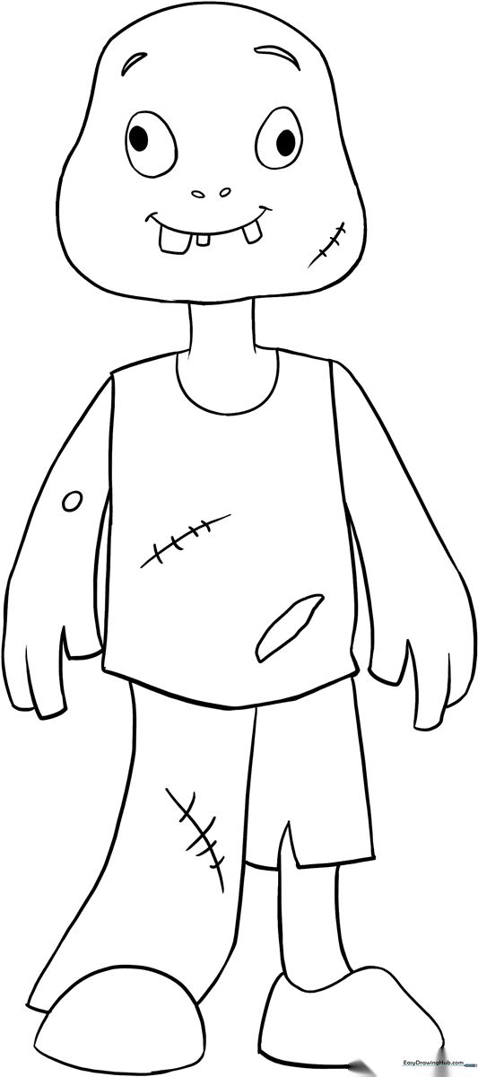 A friendly cartoon zombie character with tattered clothes and messy hair, featuring bold outlines for easy coloring by children.