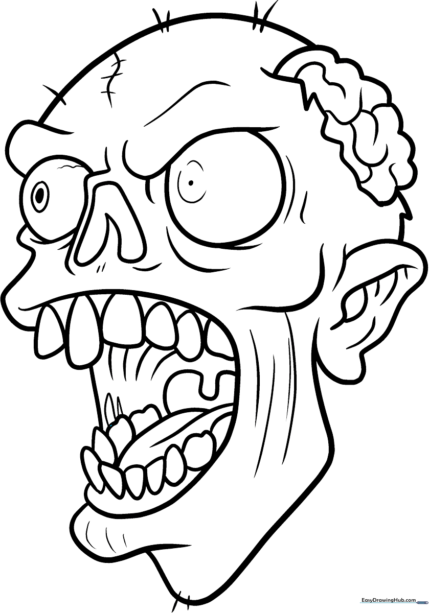 Black and white line art of a cartoon zombie face with messy hair, sunken eyes, and a stitched mouth, ready for coloring.