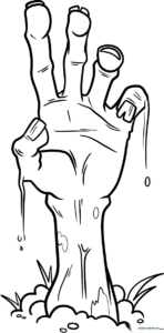 Black and white line art of a cartoon zombie hand emerging from cracked soil, featuring bold outlines for easy coloring.