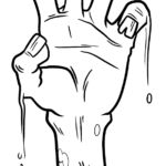Black and white line art of a cartoon zombie hand emerging from cracked soil, featuring bold outlines for easy coloring.
