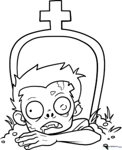 A cartoon-style zombie rising from a grave in a cemetery, featuring bold outlines perfect for coloring with markers or crayons.