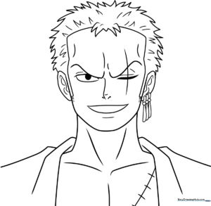 Black and white line art of Roronoa Zoro from One Piece, featuring his signature bandana and swords, ready for coloring.