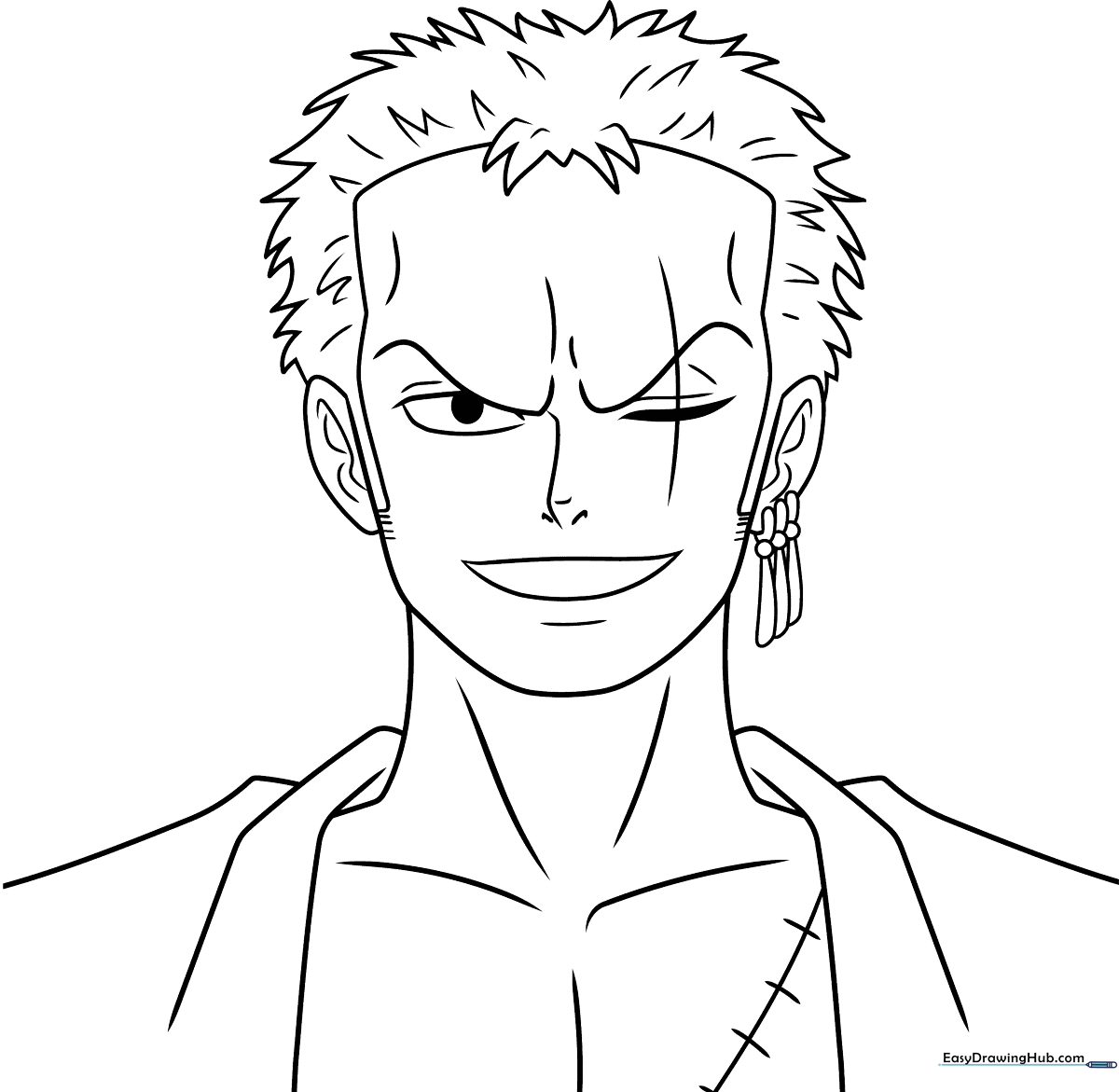 Black and white line art of Roronoa Zoro from One Piece, featuring his signature bandana and swords, ready for coloring.