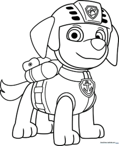 Black and white line art of Zuma from PAW Patrol, featuring his signature rescue vest and helmet, ready for kids to color.