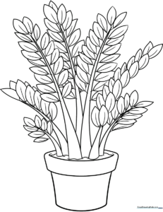 Black and white line art of a ZZ plant in a pot with thick, waxy leaves, designed as a coloring activity for children.